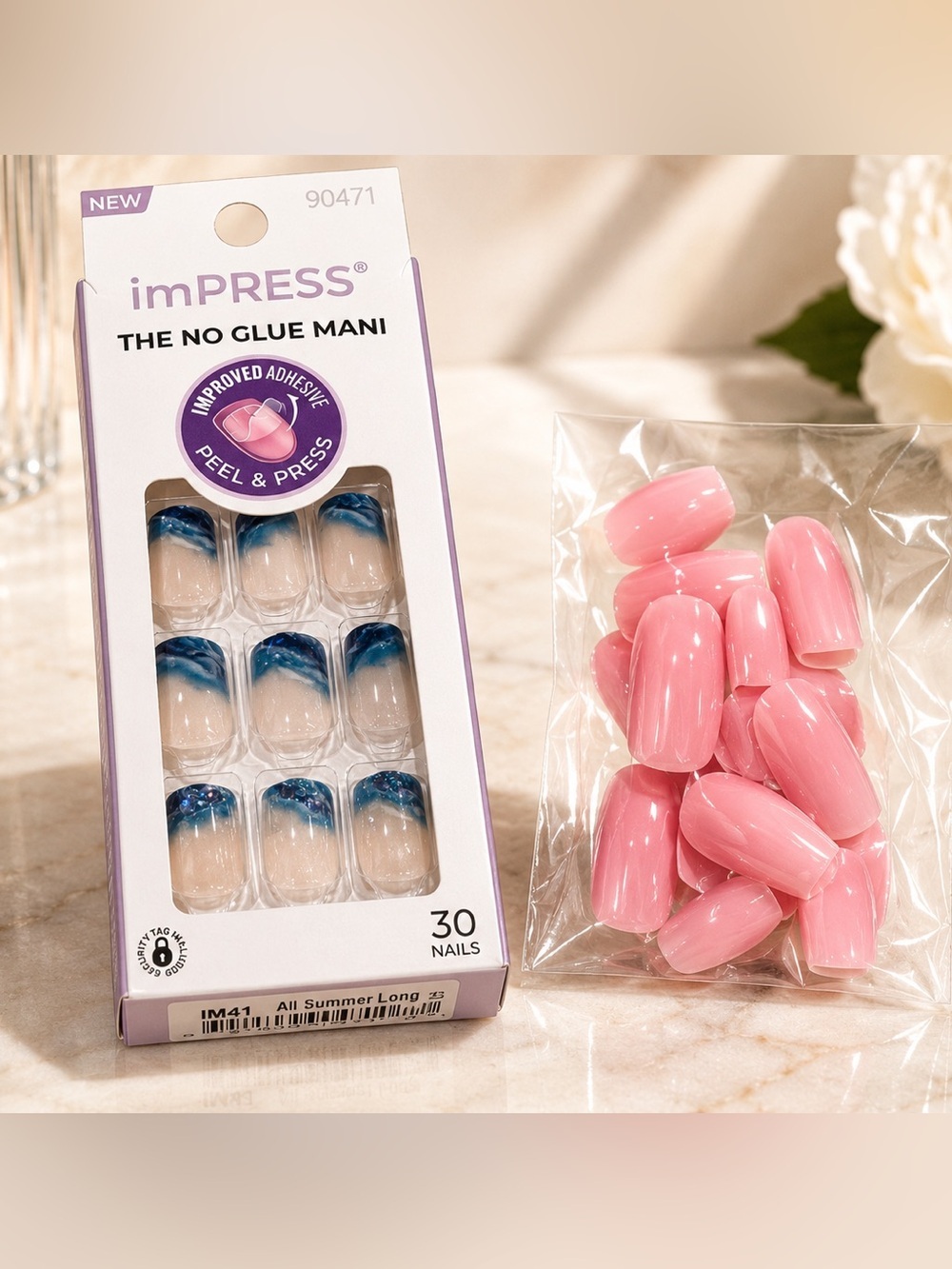 imPRESS Women Makeup Press-On Nails - Blue Ombre Tips & Pink Full-Cover Nails